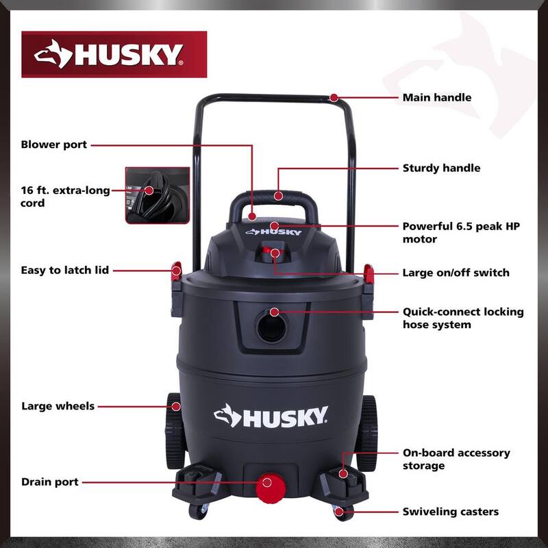 Husky 16 Gal. Poly Cart-Design Wet/Dry Vac with a Cartridge Filter, Hose, and Accessories - AT18621P-16A