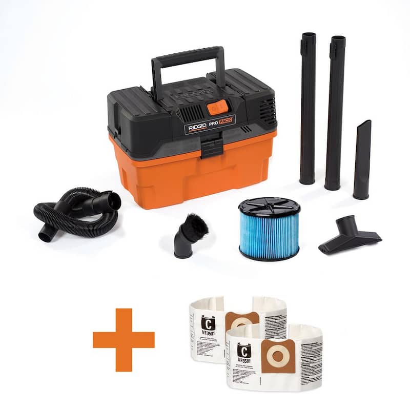 RIDGID 4.5 Gallon 5.0 Peak HP ProPack Shop Vac Wet Dry Vacuum with Fine Dust Filter, Dust Bags, Expandable Hose and Accessories - WD4522A