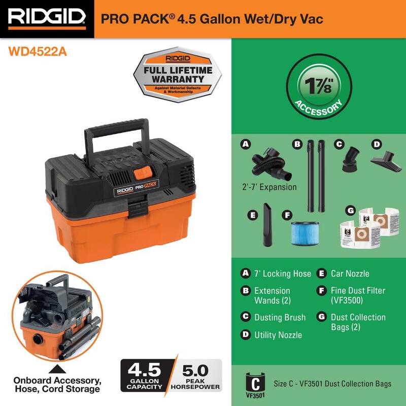RIDGID 4.5 Gallon 5.0 Peak HP ProPack Shop Vac Wet Dry Vacuum with Fine Dust Filter, Dust Bags, Expandable Hose and Accessories - WD4522A
