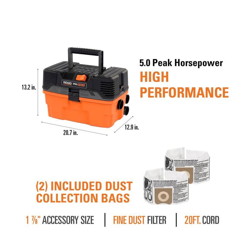 RIDGID 4.5 Gallon 5.0 Peak HP ProPack Shop Vac Wet Dry Vacuum with Fine Dust Filter, Dust Bags, Expandable Hose and Accessories - WD4522A
