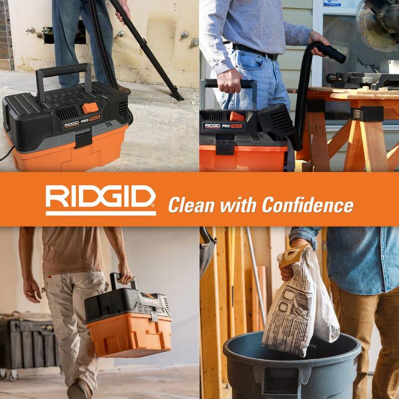 RIDGID 4.5 Gallon 5.0 Peak HP ProPack Shop Vac Wet Dry Vacuum with Fine Dust Filter, Dust Bags, Expandable Hose and Accessories - WD4522A
