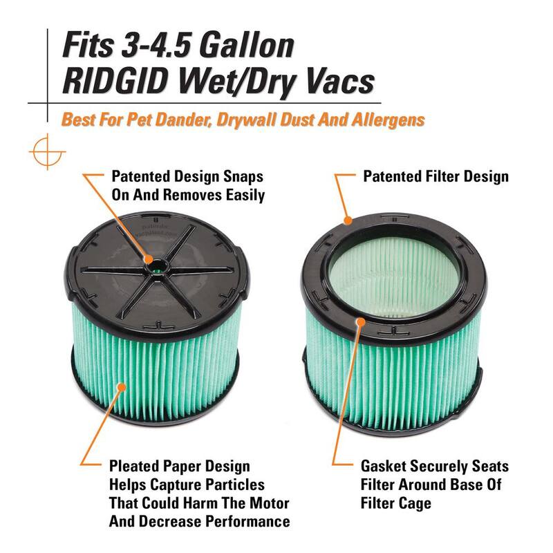 RIDGID HEPA Material Pleated Paper Wet Dry Vacuum Shop Vac Filter Replacement for Most 3-4.5 Gallon RIDGID Shop Vacs (4-Pack) - VF3600A