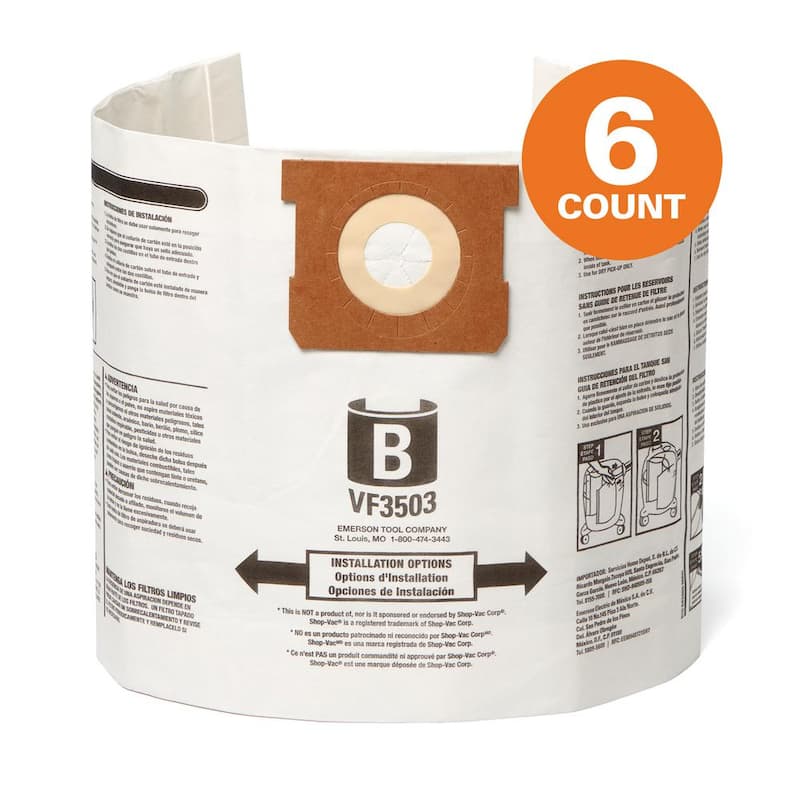 RIDGID High-Eff. Wet Dry Vacuum Dry Pick-up Only Dust Bags for Select 5-10 Gallon RIDGID Vacs, except HD0600, Size B (6-Pack) - VF3503A