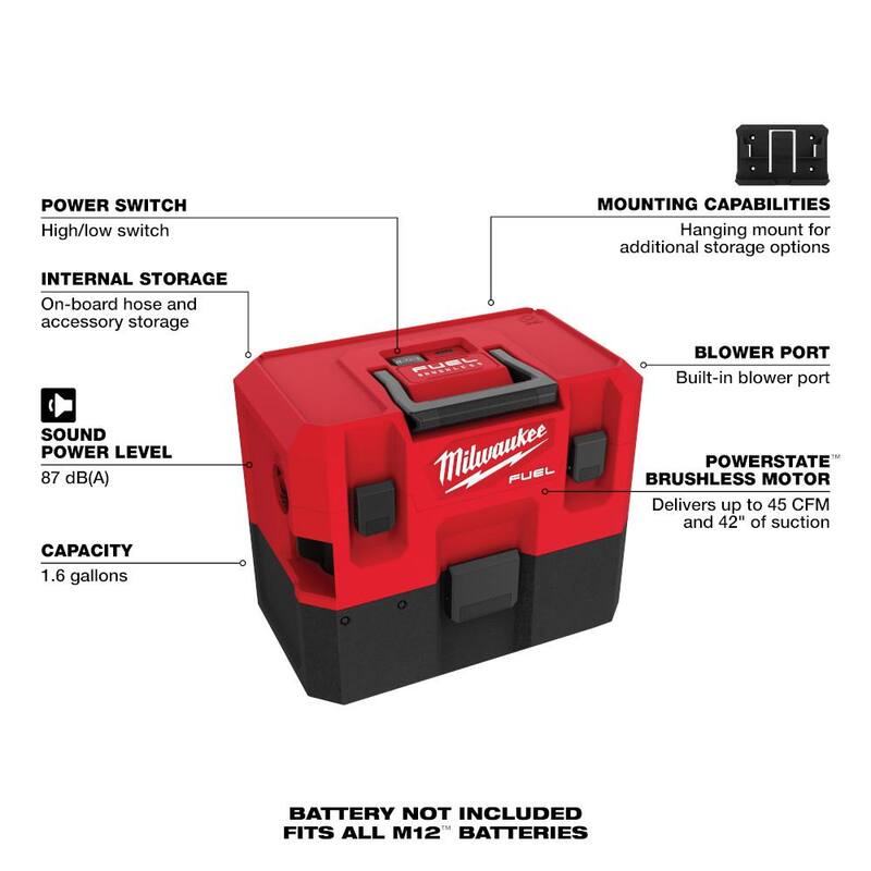 Milwaukee M12 FUEL Cordless 1.6 Gal. Wet/Dry Vacuum with AIR-TIP 1-1/4 in. - 2-1/2 in. (2-Piece) Cross Brush and Crevice Kit - 0960-20-49-90-2035-49-90-2023