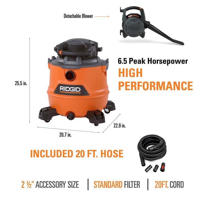 RIDGID 16 Gallon 6.5 Peak HP NXT Shop Vac Wet Dry Vacuum with Detachable Blower, Filter, 7 ft Hose, 20 ft Hose and Accessories - HD1600D