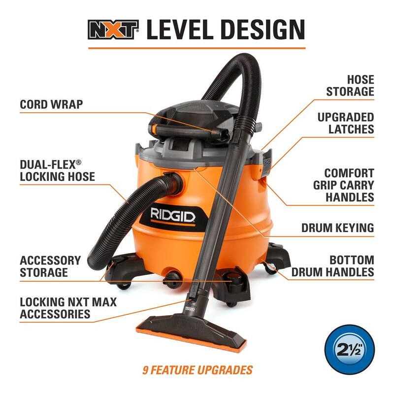RIDGID 16 Gallon 6.5 Peak HP NXT Shop Vac Wet Dry Vacuum with Detachable Blower, Filter, 7 ft Hose, 20 ft Hose and Accessories - HD1600D
