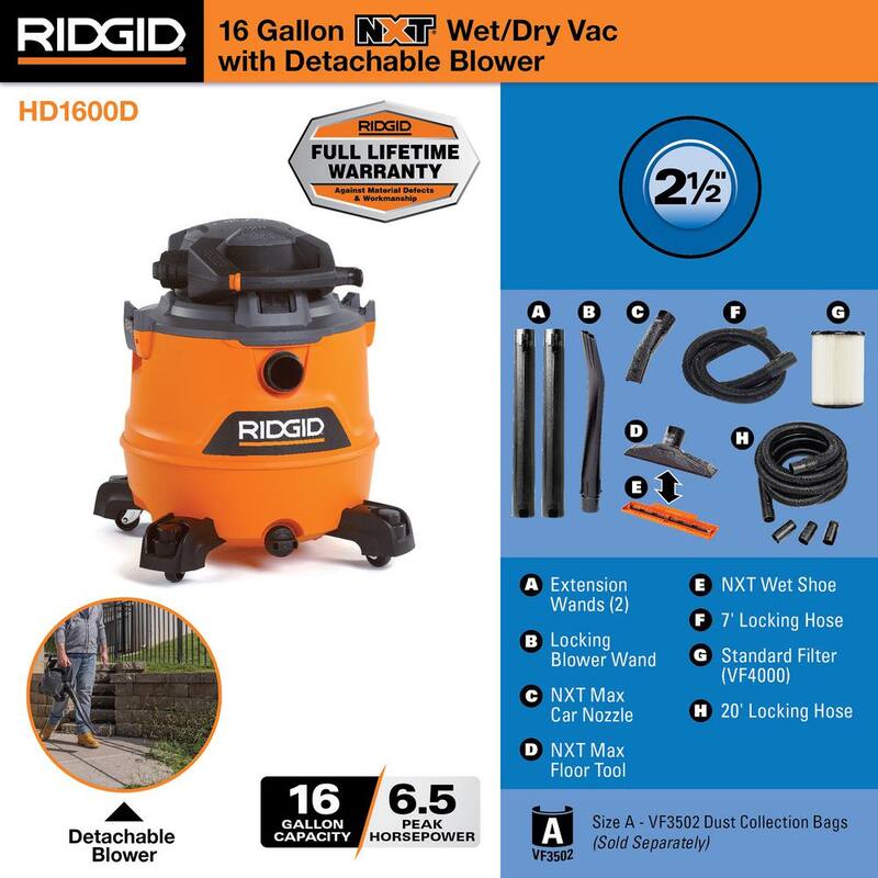 RIDGID 16 Gallon 6.5 Peak HP NXT Shop Vac Wet Dry Vacuum with Detachable Blower, Filter, 7 ft Hose, 20 ft Hose and Accessories - HD1600D