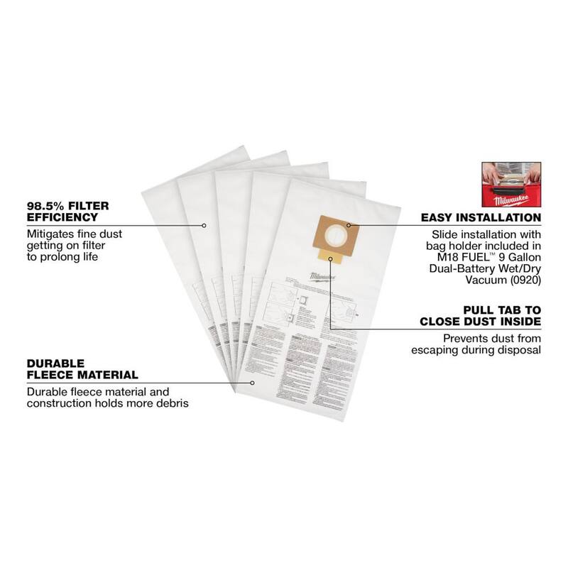 Milwaukee Fleece Dust Bags for 9 Gal. M18 FUEL Cordless Wet/Dry Shop Vacuums (5-Pack) - 49-90-1989
