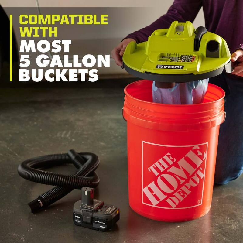 RYOBI ONE+ 18V Cordless 5 Gal. Wet/Dry Vacuum Kit w/ 1-1/4 in. Hose, Crevice Tool, 4.0 Ah Battery, Charger & Filter Bags (4Pk) - PCL732K-A32RF09