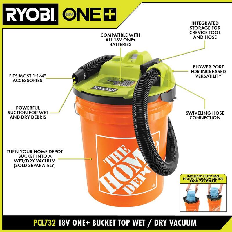 RYOBI ONE+ 18V Cordless 5 Gal. Wet/Dry Vacuum Kit w/ 1-1/4 in. Hose, Crevice Tool, 4.0 Ah Battery, Charger & Filter Bags (4Pk) - PCL732K-A32RF09