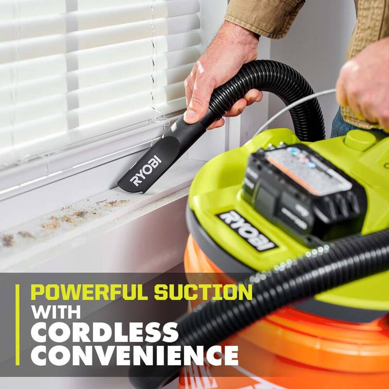 RYOBI ONE+ 18V Cordless 5 Gal. Wet/Dry Vacuum Kit w/ 1-1/4 in. Hose, Crevice Tool, 4.0 Ah Battery, Charger & Filter Bags (4Pk) - PCL732K-A32RF09