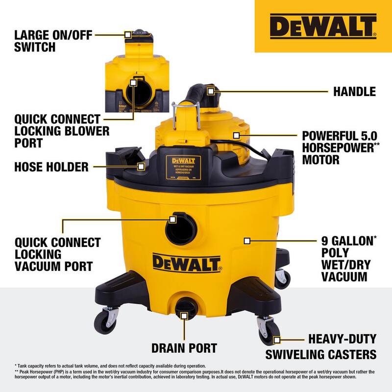 DEWALT 9 Gal. 5-Peak HP Wet/Dry Vac with Detachable Blower, Filters, and Accessories - DXV209P