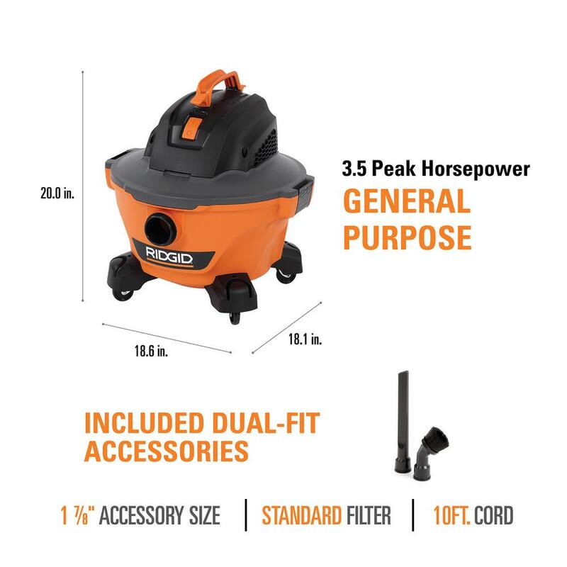 RIDGID 6 Gallon 3.5 Peak HP NXT Shop Vac Wet Dry Vacuum with Filter, Hose, Wands, Utility Nozzle, Crevice Tool, Dusting Brush - HD0600A