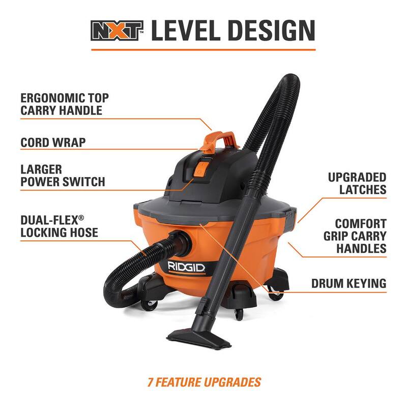 RIDGID 6 Gallon 3.5 Peak HP NXT Shop Vac Wet Dry Vacuum with Filter, Hose, Wands, Utility Nozzle, Crevice Tool, Dusting Brush - HD0600A