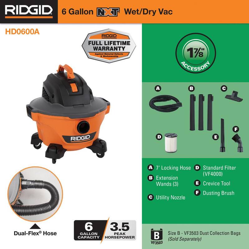 RIDGID 6 Gallon 3.5 Peak HP NXT Shop Vac Wet Dry Vacuum with Filter, Hose, Wands, Utility Nozzle, Crevice Tool, Dusting Brush - HD0600A
