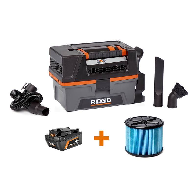 RIDGID 3 Gallon 18-Volt Cordless Handheld NXT Shop Vac Wet Dry Vacuum with Filter, Hose, Accessories and 8.0 Ah Battery - HD0318C