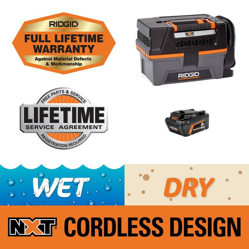 RIDGID 3 Gallon 18-Volt Cordless Handheld NXT Shop Vac Wet Dry Vacuum with Filter, Hose, Accessories and 8.0 Ah Battery - HD0318C