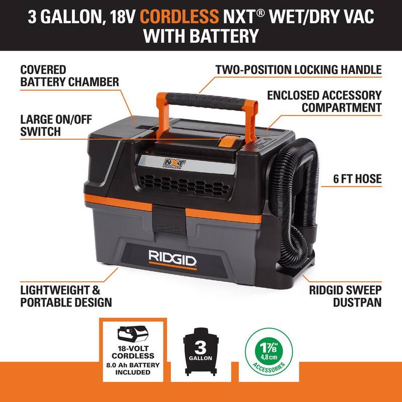 RIDGID 3 Gallon 18-Volt Cordless Handheld NXT Shop Vac Wet Dry Vacuum with Filter, Hose, Accessories and 8.0 Ah Battery - HD0318C
