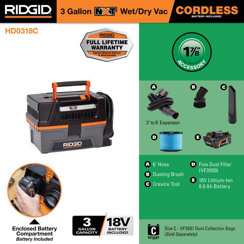 RIDGID 3 Gallon 18-Volt Cordless Handheld NXT Shop Vac Wet Dry Vacuum with Filter, Hose, Accessories and 8.0 Ah Battery - HD0318C