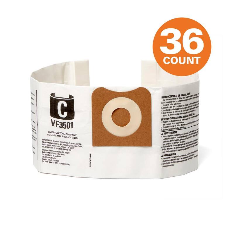 RIDGID High-Eff. Wet Dry Vacuum Dry Pick-up Only Dust Bags for 3-4.5 Gallon and HD0600 RIDGID Shop Vacs, Size C (36-Pack) - VF3501D