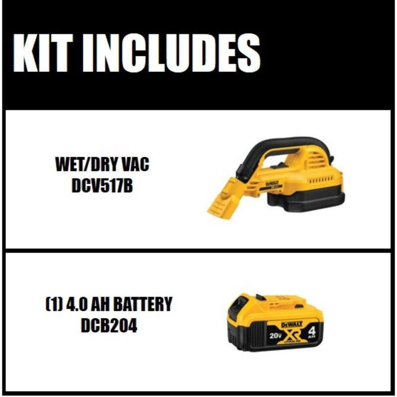DEWALT 20V MAX Cordless 1/2 Gal. Wet/Dry Portable Vacuum and (1) 20V MAX Premium Lithium-Ion 4.0Ah Battery - DCV517BW204