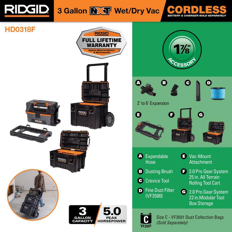 RIDGID 3 Gal. 18-Volt Cordless NXT Shop Vac Wet Dry Vacuum (Tool Only) with Pro Gear Attachment, Rolling Tool Cart and Tool Box - HD0318F
