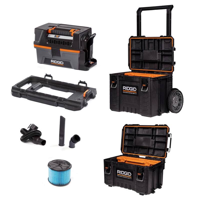 RIDGID 3 Gal. 18-Volt Cordless NXT Shop Vac Wet Dry Vacuum (Tool Only) with Pro Gear Attachment, Rolling Tool Cart and Tool Box - HD0318F