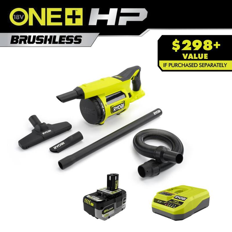 RYOBI ONE+ HP 18V 6.0 Ah Lithium-Ion HIGH PERFORMANCE Battery and Charger Kit with ONE+ HP 18V Brushless Jobsite Hand Vacuum - PSK016-PBLHV701B