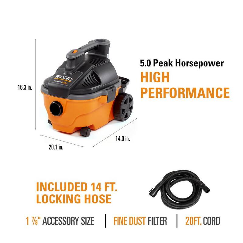 RIDGID 4 Gallon 5.0 Peak HP Portable Shop Vac Wet Dry Vacuum with Fine Dust Filter, Hose, Accessories and 14 ft. Locking Hose - WD4070B