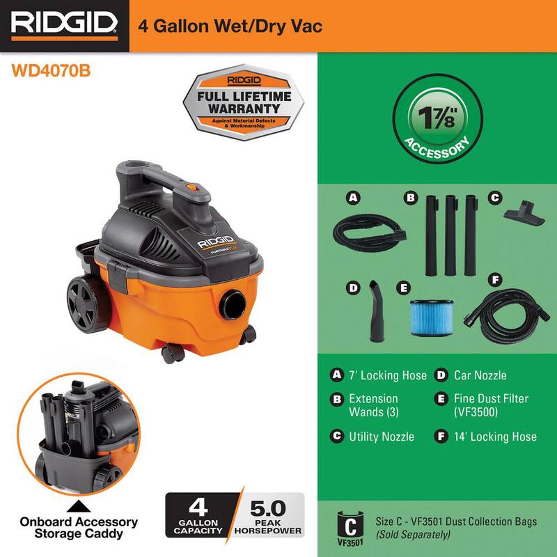 RIDGID 4 Gallon 5.0 Peak HP Portable Shop Vac Wet Dry Vacuum with Fine Dust Filter, Hose, Accessories and 14 ft. Locking Hose - WD4070B