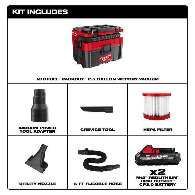 Milwaukee M18 FUEL PACKOUT 18-Volt Lithium-Ion Cordless 2.5 Gal. Wet/Dry Vacuum with 2 M18 HIGH OUTPUT 3.0 Ah Batteries - 0970-20-48-11-1837