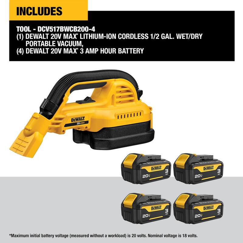 DEWALT 20-Volt Maximum Lithium-Ion Cordless 1/2 Gal. Wet/Dry Portable Vac with (4) 20-Volt 3.0 Ah Maximum Premium Battery Packs - DCV517BWCB200-4