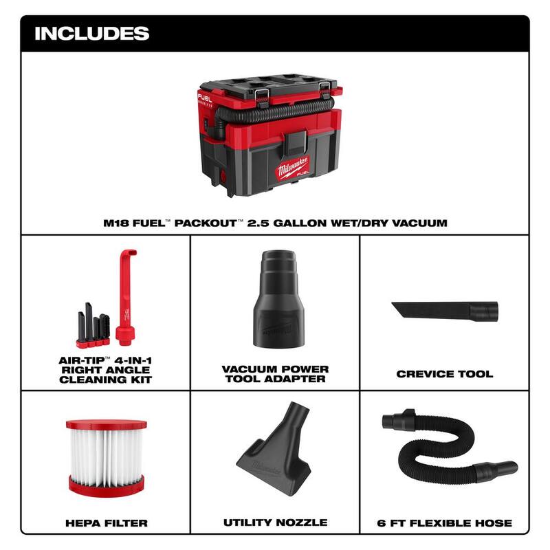 Milwaukee M18 FUEL PACKOUT 18-Volt Lithium-Ion Cordless 2.5 Gal. Wet/Dry Vacuum and AIR-TIP 4-IN-1 Right Angle Tool Attachment - 0970-20-49-90-2026
