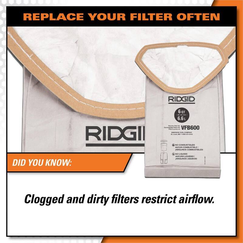 RIDGID Replacement Open Top Dry Pick-up Only General Debris Filter Bags for RIDGID 6 Quart NXT Backpack Vacuum HDB600 (2-Pack) - VFB600