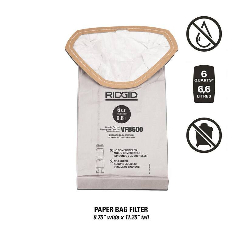 RIDGID Replacement Open Top Dry Pick-up Only General Debris Filter Bags for RIDGID 6 Quart NXT Backpack Vacuum HDB600 (2-Pack) - VFB600