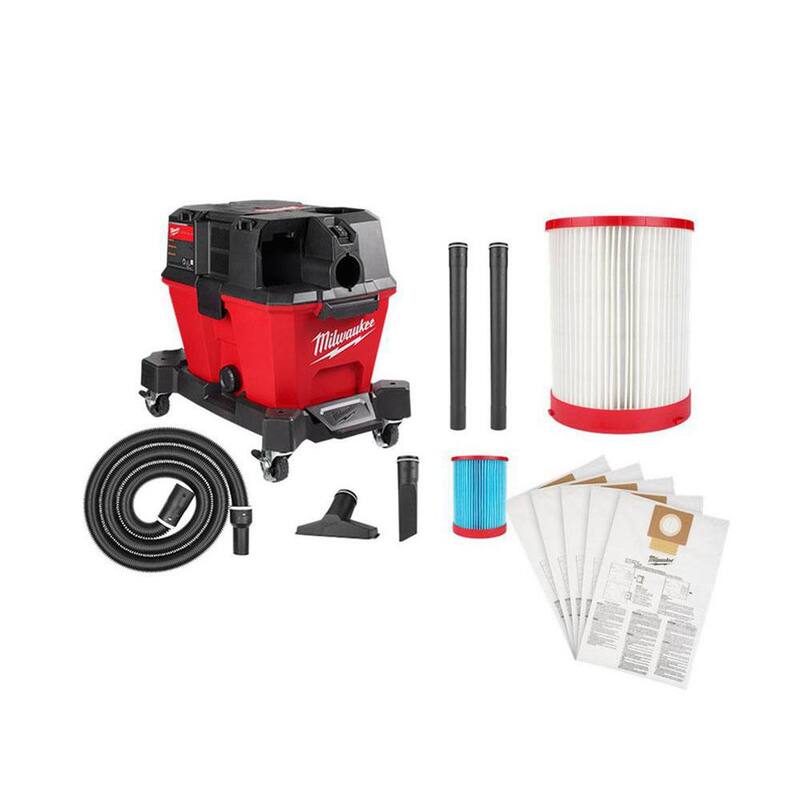 Milwaukee M18 FUEL 6 Gal. Cordless Wet/Dry Shop Vacuum with High Efficiency Filter, HEPA Filter and (5-Pack) Fleece Dust Bags - 0910-20-49-90-1977-49-90-1979