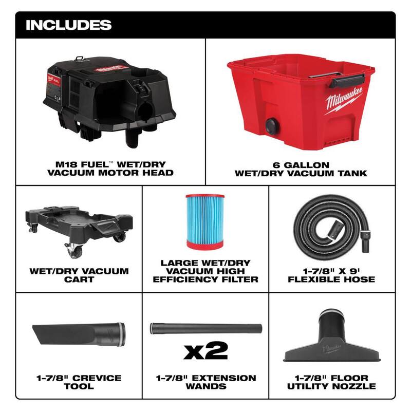 Milwaukee M18 FUEL 6 Gal. Cordless Wet/Dry Shop Vacuum with High Efficiency Filter, HEPA Filter and (5-Pack) Fleece Dust Bags - 0910-20-49-90-1977-49-90-1979