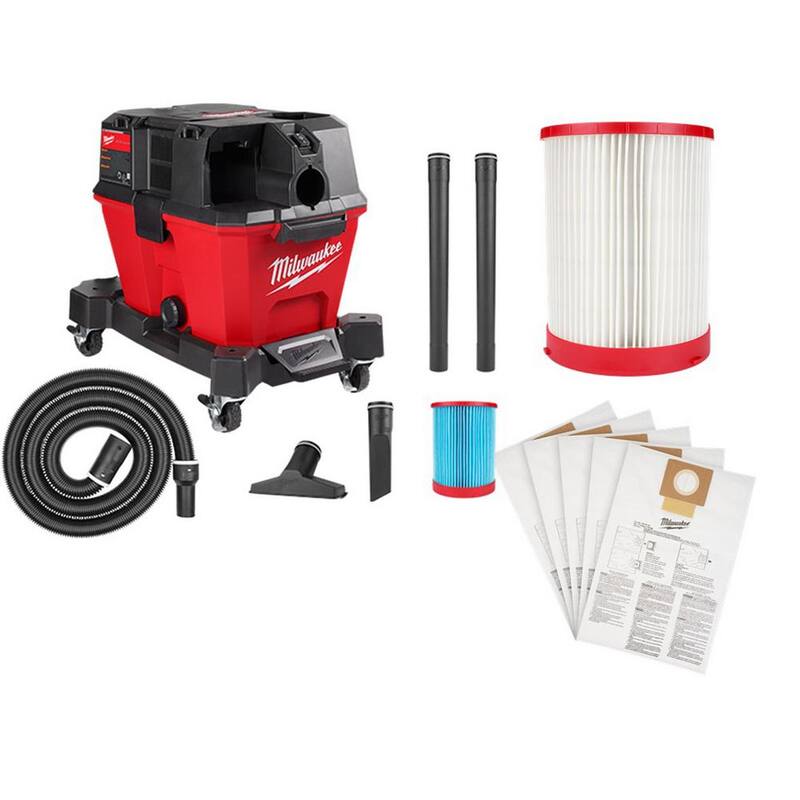 Milwaukee M18 FUEL 6 Gal. Cordless Wet/Dry Shop Vacuum with High Efficiency Filter, HEPA Filter and (5-Pack) Fleece Dust Bags - 0910-20-49-90-1977-49-90-1979