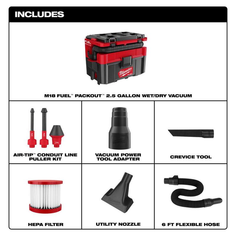 Milwaukee M18 FUEL PACKOUT 18-Volt Lithium-Ion Cordless 2.5 Gal. Wet/Dry Vacuum and AIR-TIP Conduit Line Puller Attachment Kit - 0970-20-49-90-2024