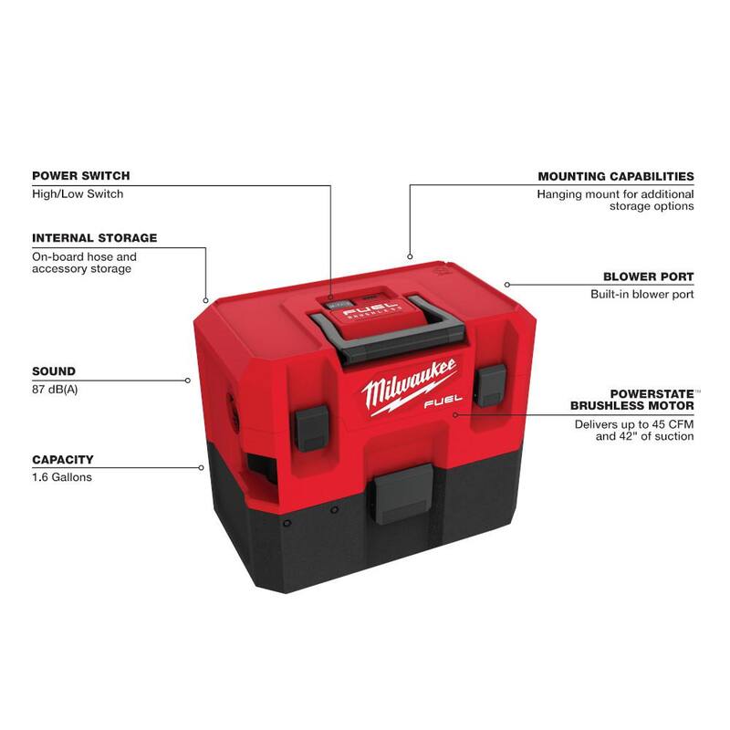 Milwaukee M12 FUEL 12-Volt Lithium-Ion Cordless 1.6 Gal. Wet/Dry Shop Vacuum with M12 Compact Inflator (2-Tool) - 0960-20-2475-20