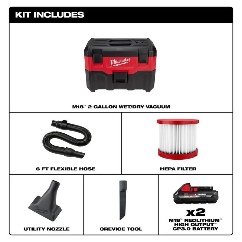 Milwaukee M18 18-Volt 2 Gal. Lithium-Ion Cordless Wet/Dry Vacuum with 2 M18 HIGH OUTPUT 3.0 Ah Batteries - 0880-20-48-11-1837