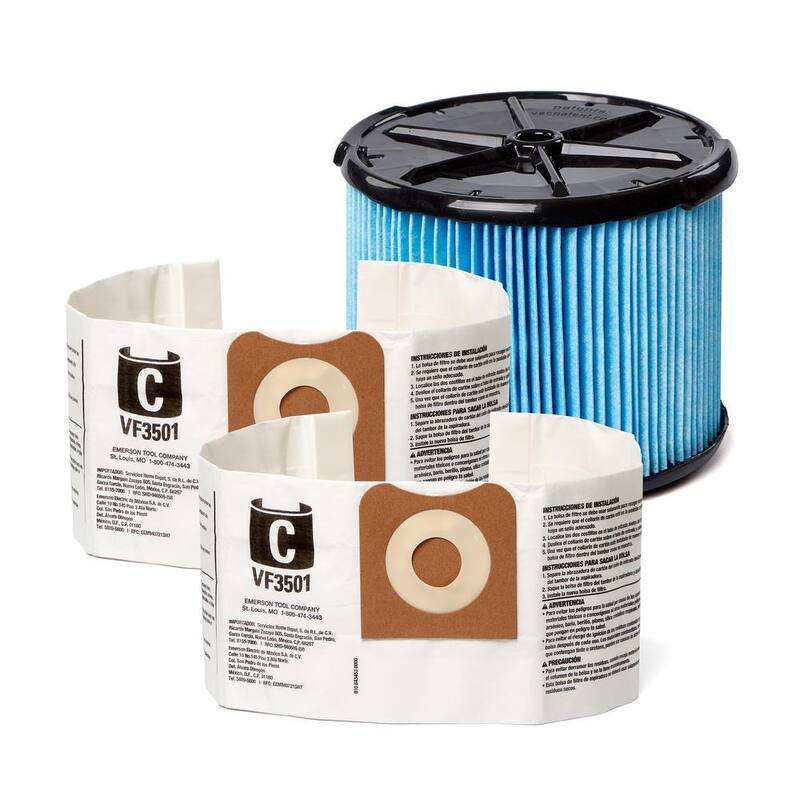 RIDGID Wet Dry Vacuum Filter Kit with Fine Dust Pleated Paper Filter and Two Dust Bags for Select 3-4.5 Gallon RIDGID Shop Vacs - VF3511