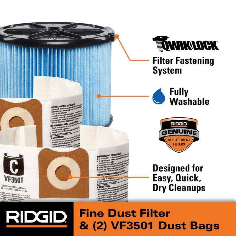 RIDGID Wet Dry Vacuum Filter Kit with Fine Dust Pleated Paper Filter and Two Dust Bags for Select 3-4.5 Gallon RIDGID Shop Vacs - VF3511
