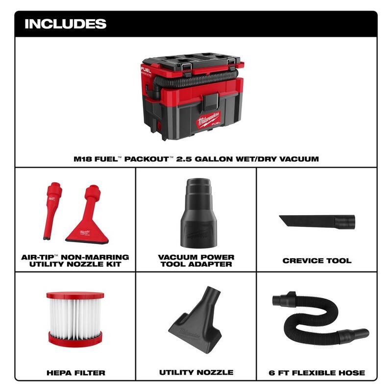 Milwaukee M18 FUEL PACKOUT 18-Volt Lithium-Ion Cordless 2.5 Gal. Wet/Dry Vacuum with AIR-TIP Crevice Tool and Utility Nozzle Kit - 0970-20-49-90-2034