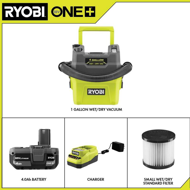 RYOBI ONE+ 18V Cordless 1 Gal. Wet/Dry Vacuum Kit with 4.0 Ah Battery, Charger, and Replacement Filter - PCL733K-A32VC05
