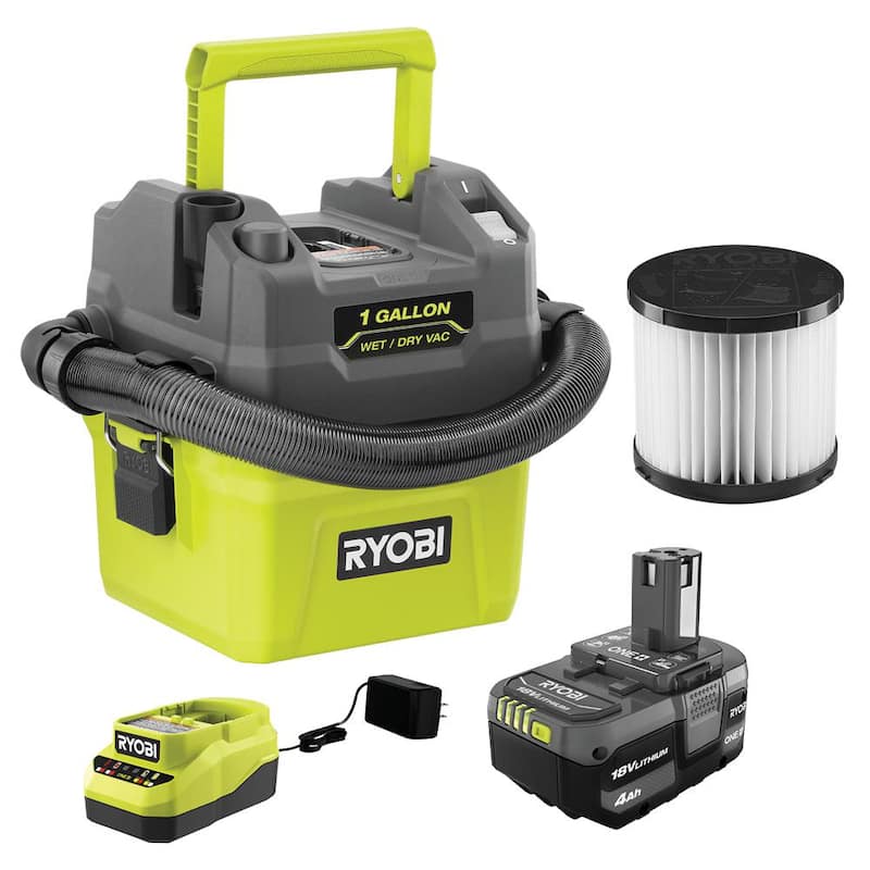 RYOBI ONE+ 18V Cordless 1 Gal. Wet/Dry Vacuum Kit with 4.0 Ah Battery, Charger, and Replacement Filter - PCL733K-A32VC05