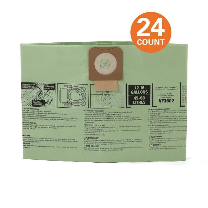RIDGID Wet Dry Vacuum Premium Cyclonic Dry Pick-up Only Dust Bags for Select 12-16 Gallon RIDGID Shop Vacs, Size A (24-Pack) - VF3602C
