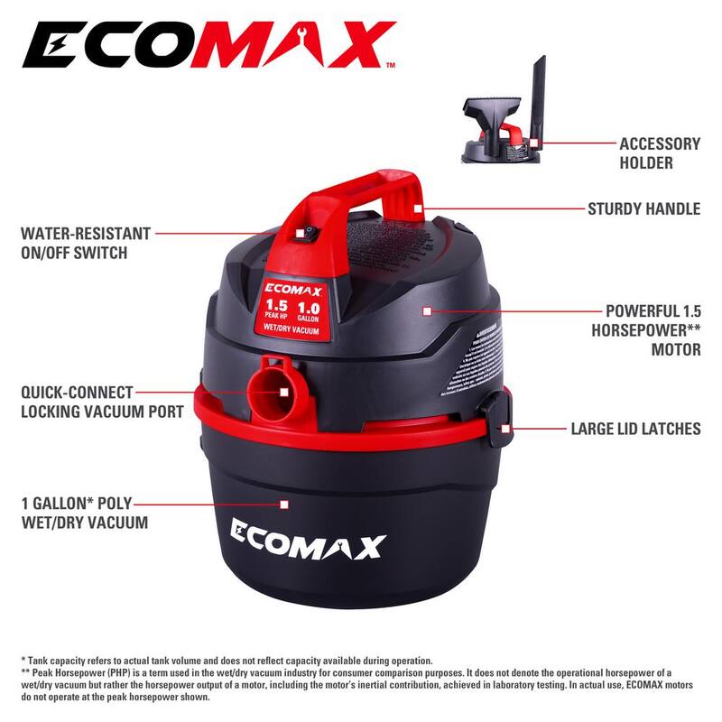 ECOMAX 1 Gal. 1.5 HP Portable Poly Wet/Dry Vac - EM18101P-1H