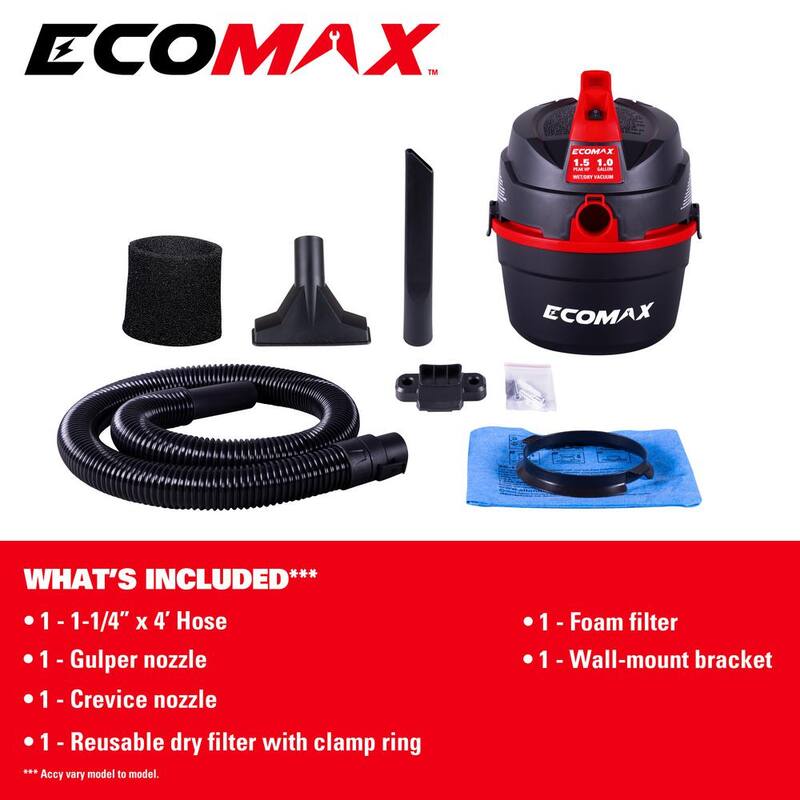 ECOMAX 1 Gal. 1.5 HP Portable Poly Wet/Dry Vac - EM18101P-1H