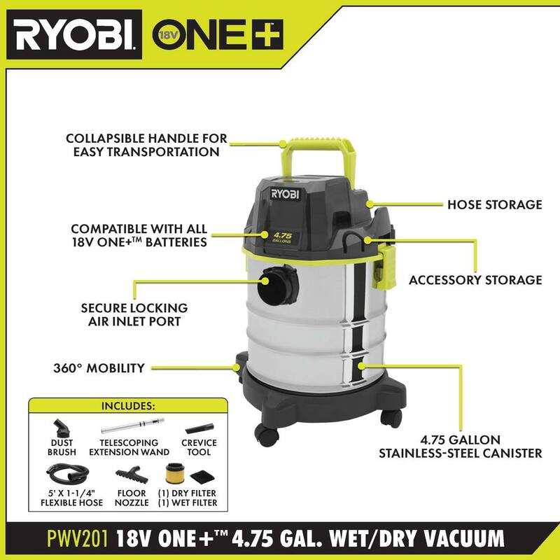 RYOBI ONE+ 18V Cordless 4.75 Gallon Wet/Dry Vacuum (Tool Only) with Accessory Kit - PWV201B-A32TW01N-A32SS02N